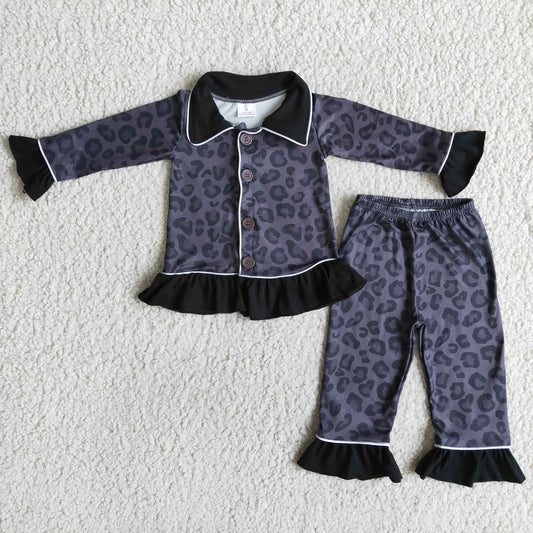 RTS collar button leopard dark black long sleeve pajamas outfit 0614