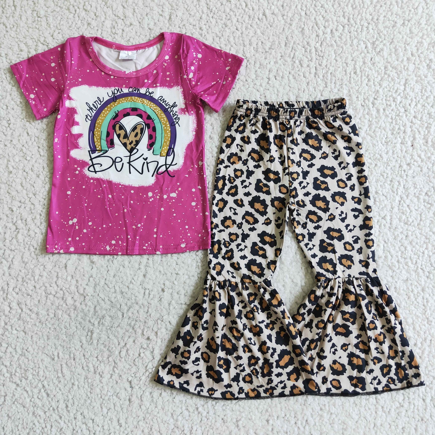 love hot pink ruffle short sleeve top pink leopard long bell bottom pants girl outfit 0722 RTS