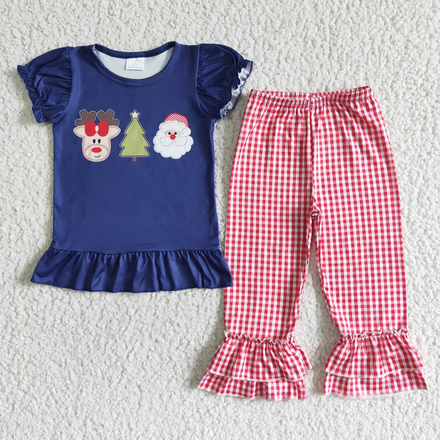 promotion RTS christmas deer Santa Claus blue ruffles short sleeve pink plaid ruffle pants girl outfit