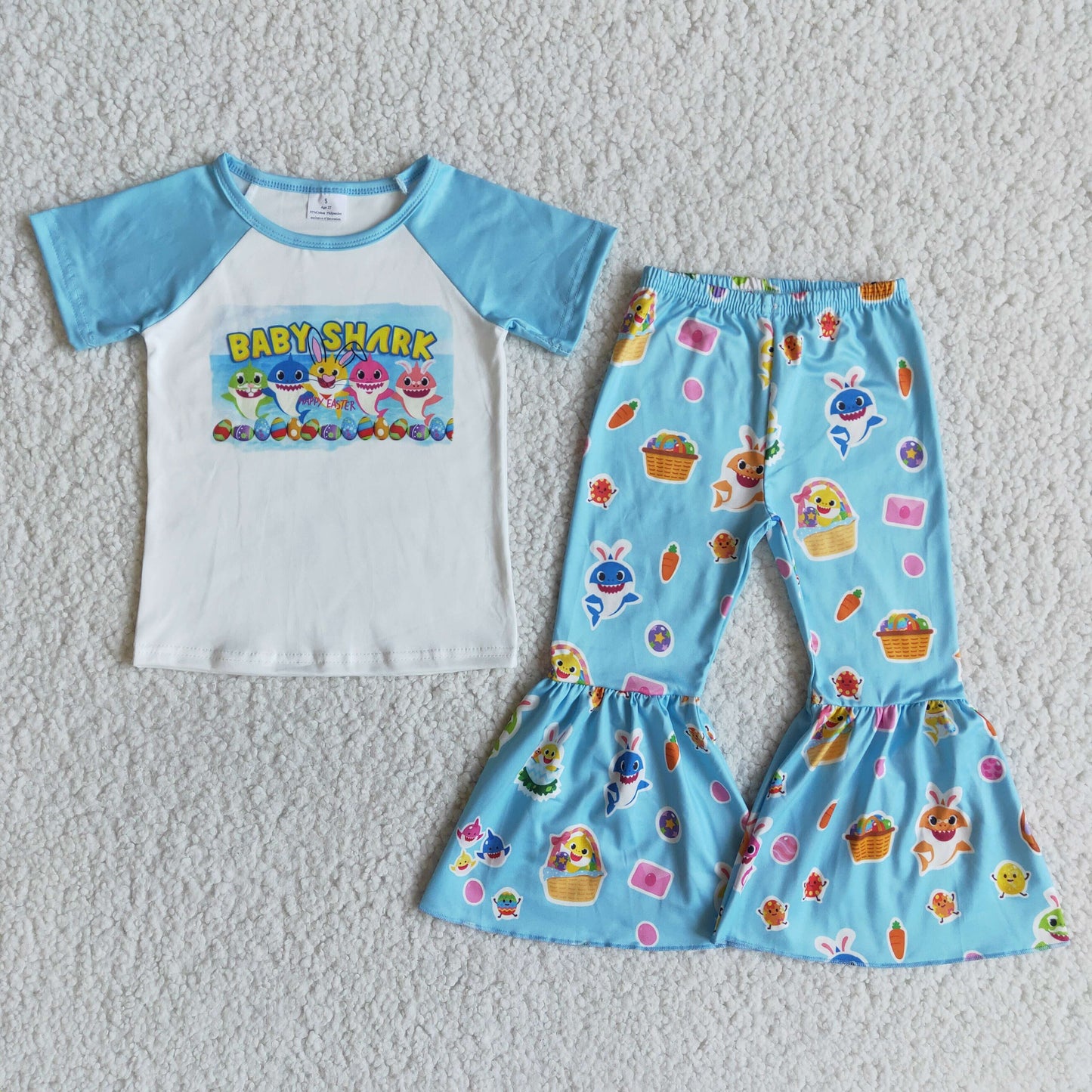 Promotion rabbit cartoon blue raglan fish shark short sleeve bell bottom pants girl outfit