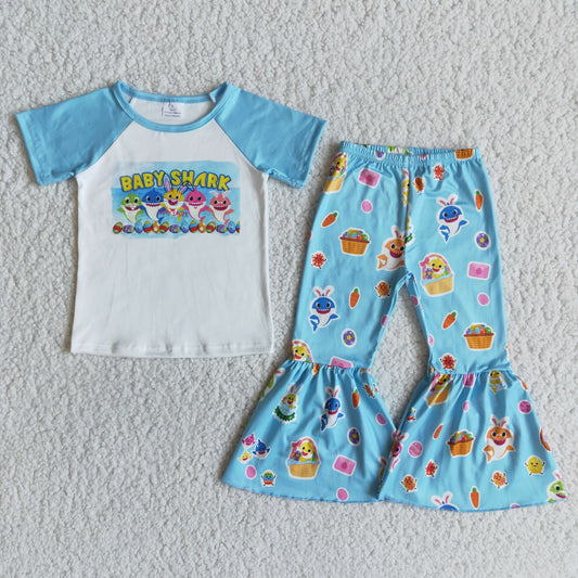 Promotion rabbit cartoon blue raglan fish shark short sleeve bell bottom pants girl outfit