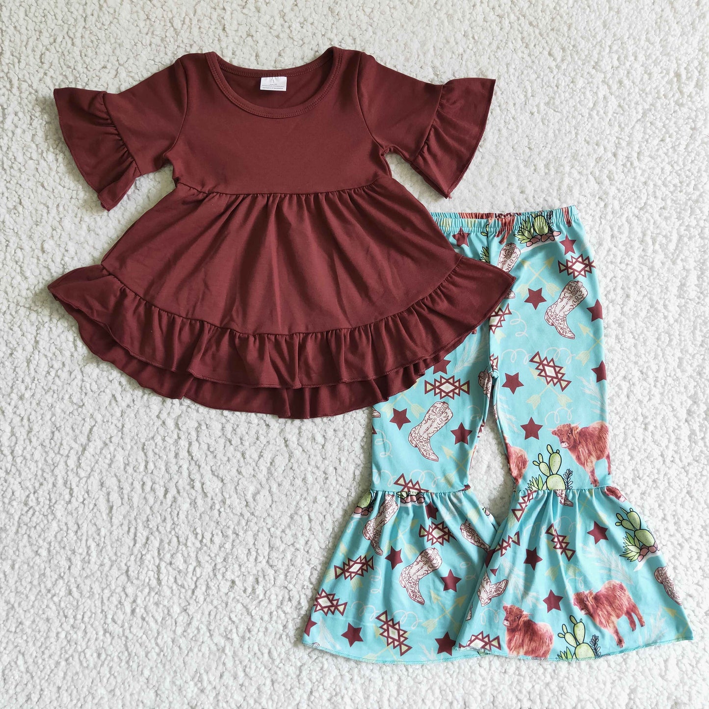 RTS Red boots cotton ruffle dress top bell bottom cow pants girl outfit 0928