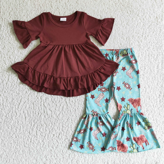 RTS Red boots cotton ruffle dress top bell bottom cow pants girl outfit 0928