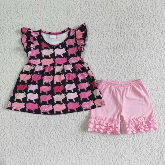 promotion RTS Pig black puffy pink ruffles girl short sleeve shorts outfits 0520