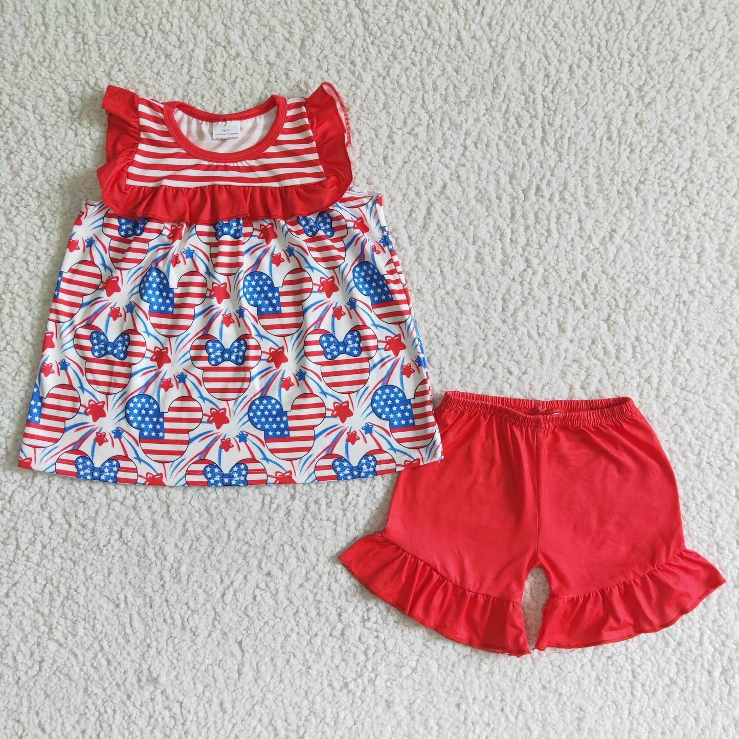 4th of July red blue mouse stripe girl short sleeve shorts set 0421