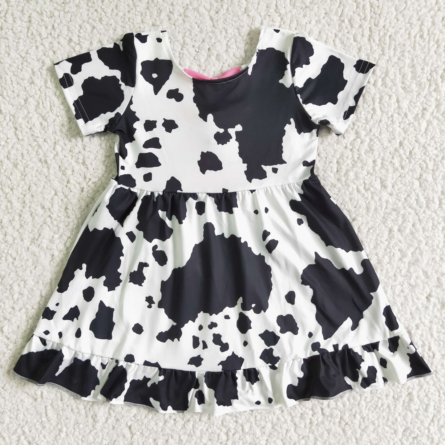 RTS pink bows black ruffles white cow print girls short sleeves dress 0614