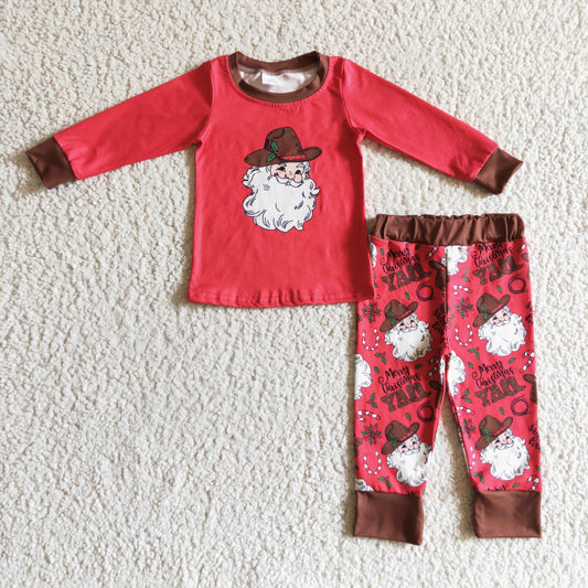 Red christmas Santa long sleeve girl pajamas outfit 1024 RTS