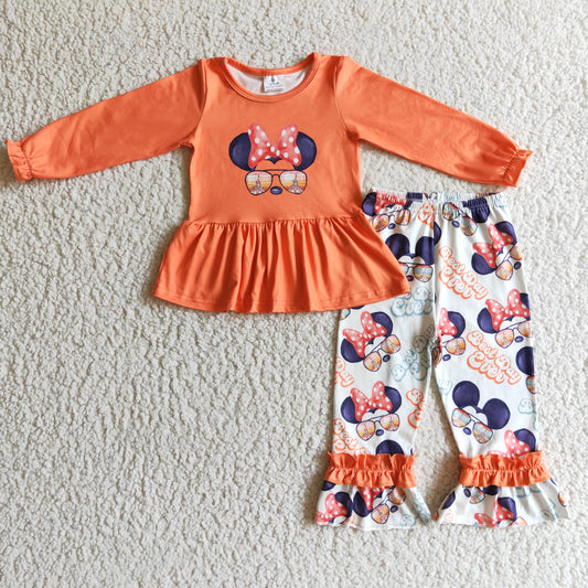 0927 RTS orange long sleeve cartoon mouse bow long bell bottom pants girl outfit