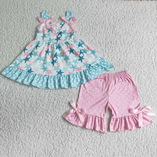 GSSO0058 RTS green pink starfish print puffy sleeves top ribbon bow shorts girl outfit RTS