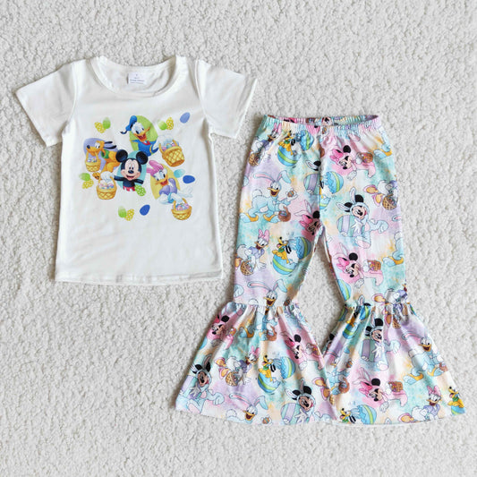 Promotion E10-18 Easter rabbit cartoon mouse duck eggs white short sleeve bell bottom girl outfit 0103