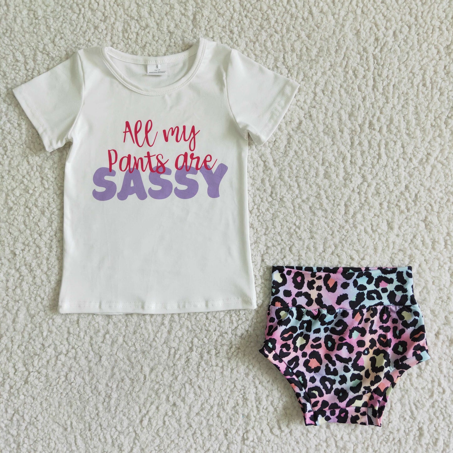 Aee my pants are sassy colorful purple leopard summer girl clothes set short sleeve bommies set