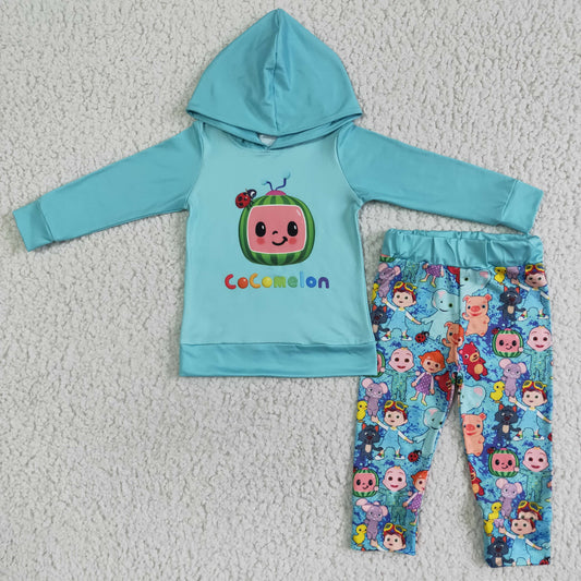 promotion  6 B11-38 boy elephant pig bear cartoon watermelon blue long sleeve hoodie outfit RTS 0606