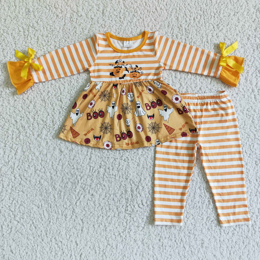 202410 Promotion  GLP0045  RTS BOW long sleeve bow pumpkin orange stripe pants girl outfit helloween