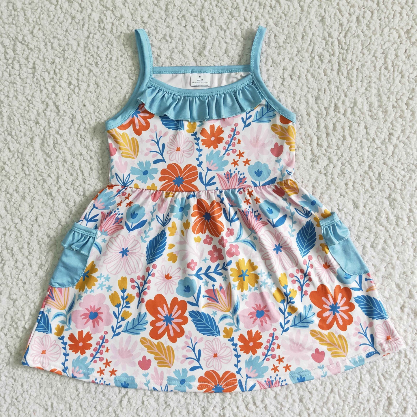 RTS pink yellow flower print blue flutter sleeves summer girl clothes dress 0525