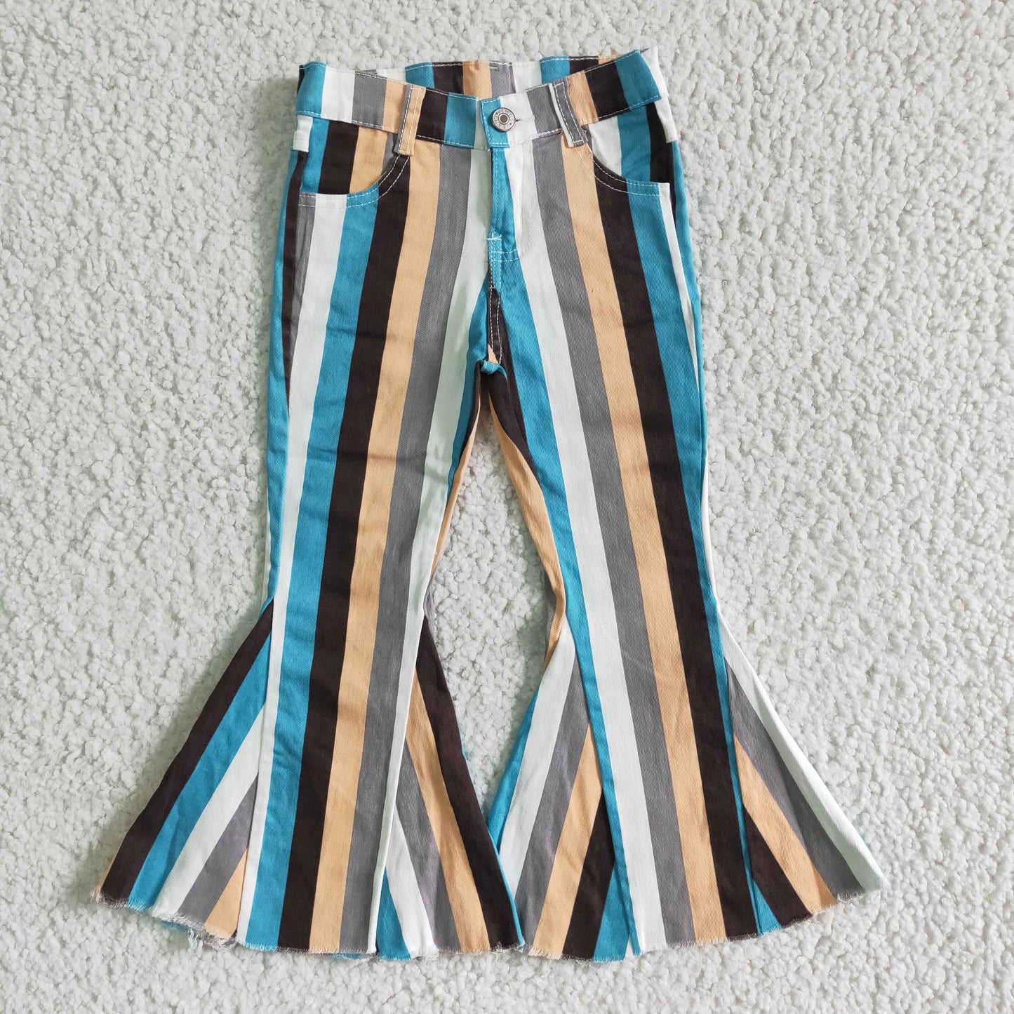 white Blue orange brown stripe bell bottom girl jeans denim pants
