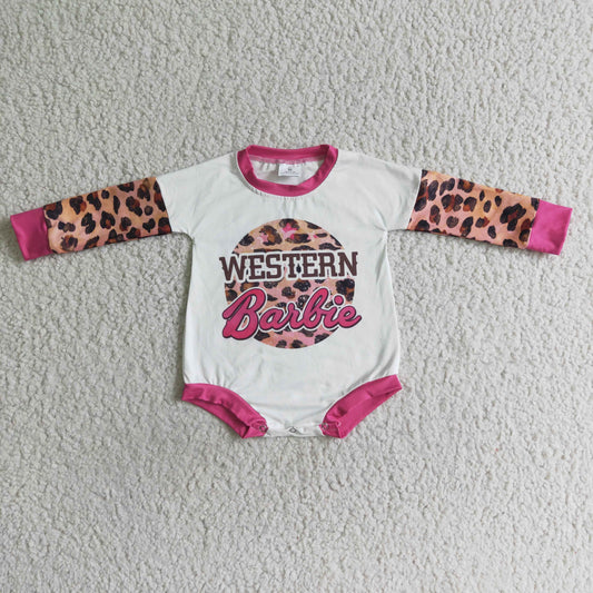 RTS 0718 orange hot pink leopard western baibe long sleeve girl romper 	 LR0033