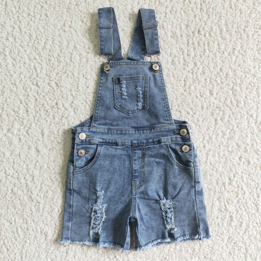 RTS pocket button double ruffles blue denim suspender shorts 0518