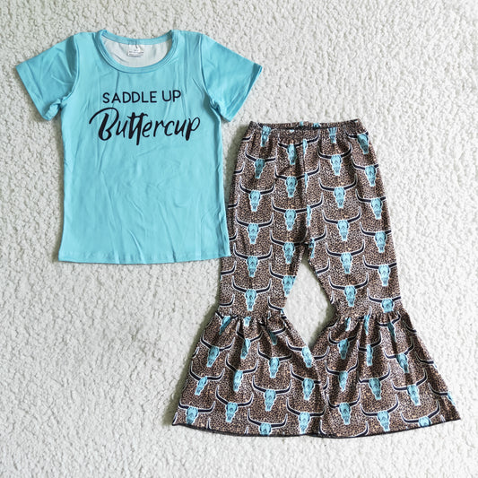 B11-2 letter blue print short sleeve print cow head bell bottom pants outfit 0806 RTS