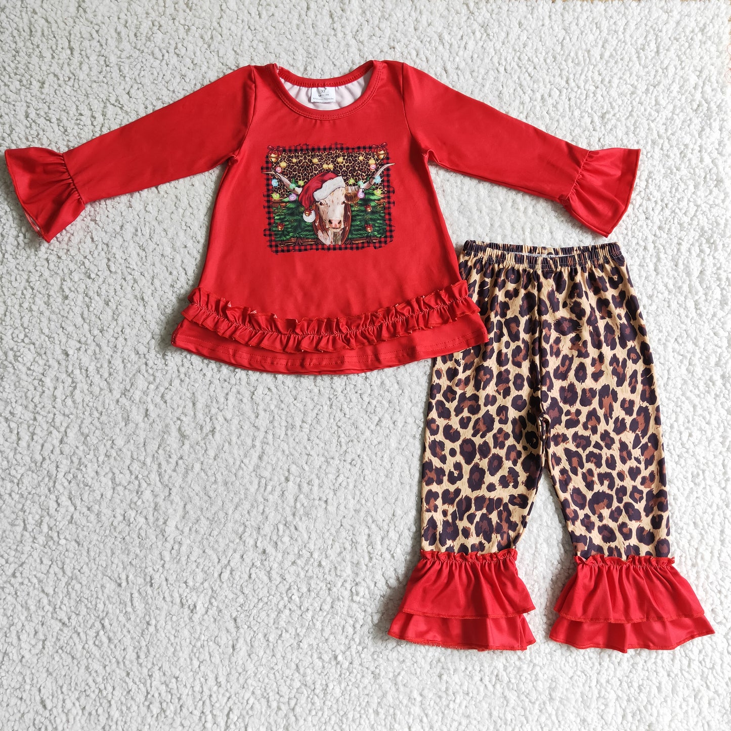 GLP0343 cow christmas leopard long sleeve girl pajamas outfit 20230524 RTS