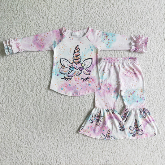 promotion 6 B3-16 unicorn Pink white ruffles purple long sleeve bell bottom pants girl outfit RTS