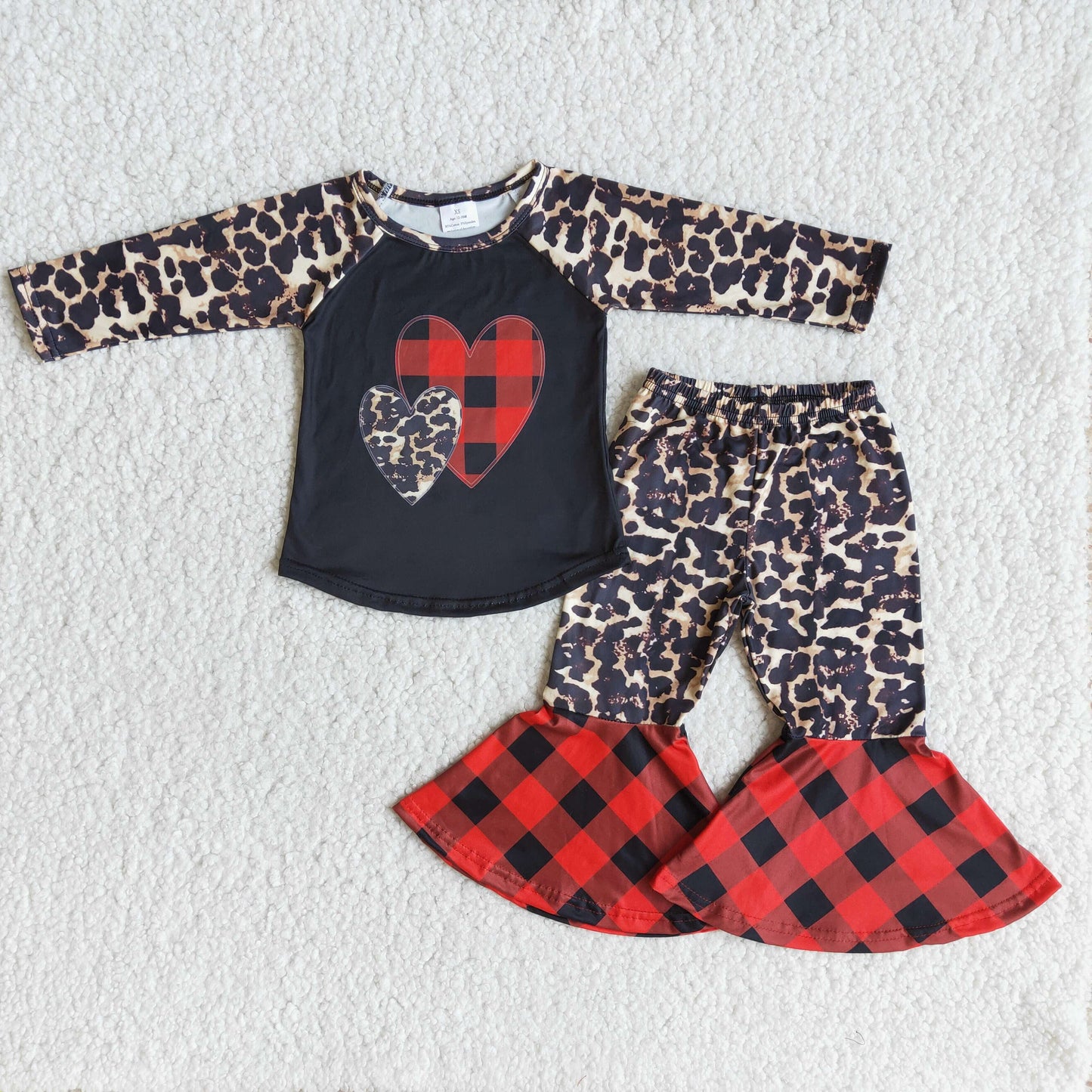 6 A12-27 promotion leopard love valentine clothes red black plaid leopard long sleeve bell bottom pant outfit Jan 0112