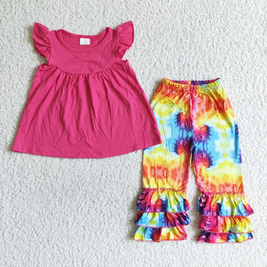 solid color pink floral short sleeve bell bottom pants girl outfits 0809 RTS
