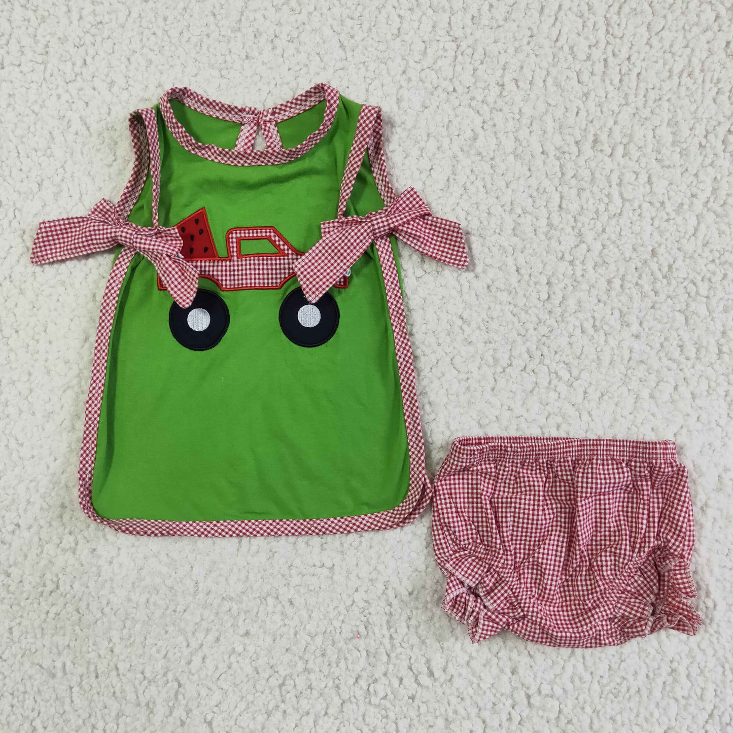 RTS car watermelon embroidery bow green pink plaid girl bummies 0620