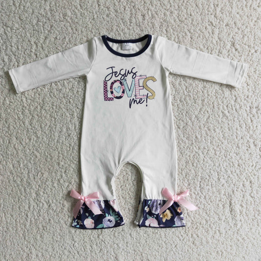 promotion 6 B6-15 Jesus LOVES ME girl pink bow floral white long sleeve romper 202312  RTS
