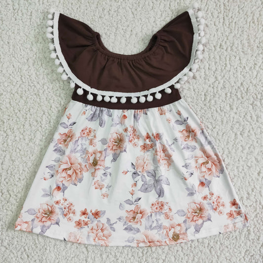 floral bow brown white pompon short sleeve dress GSD0023