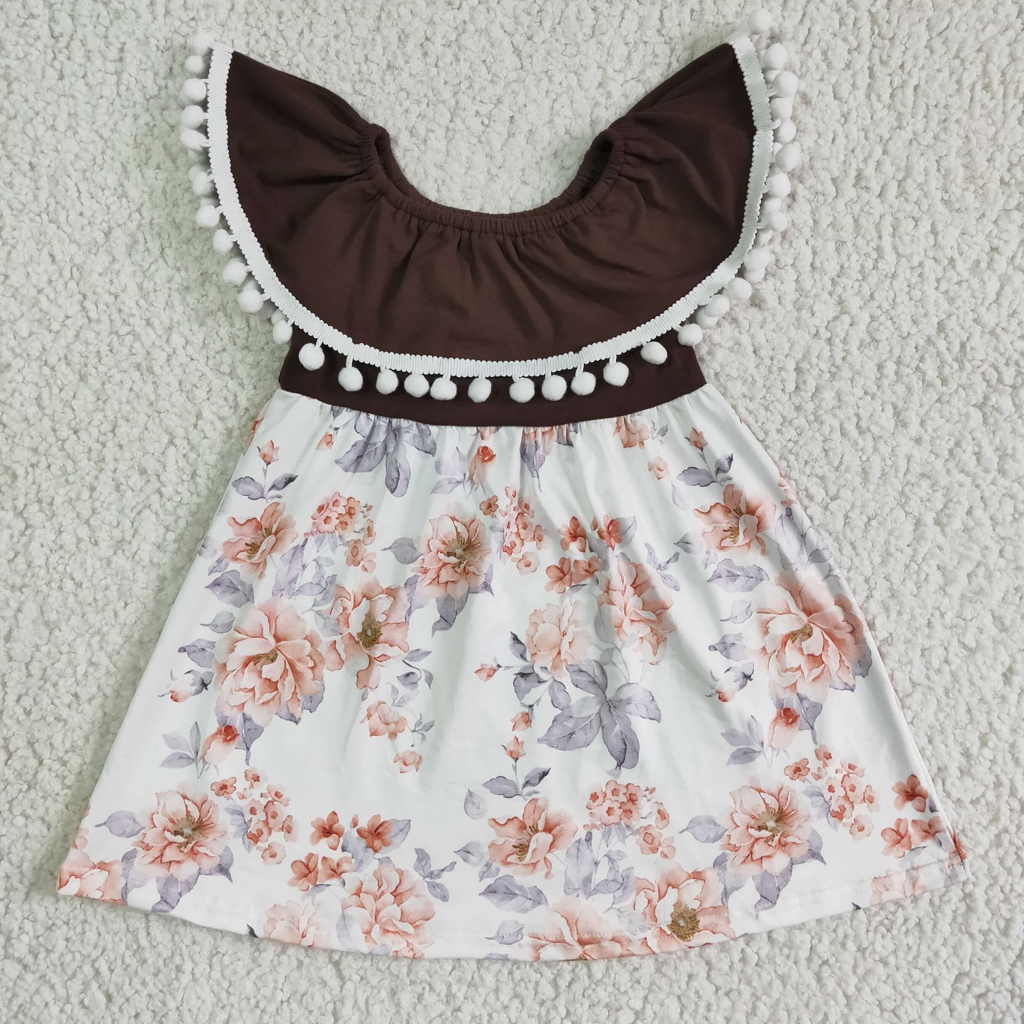 GSD0023 teenage girl off shoudler summer pompon brown floral short sleeve girl dress