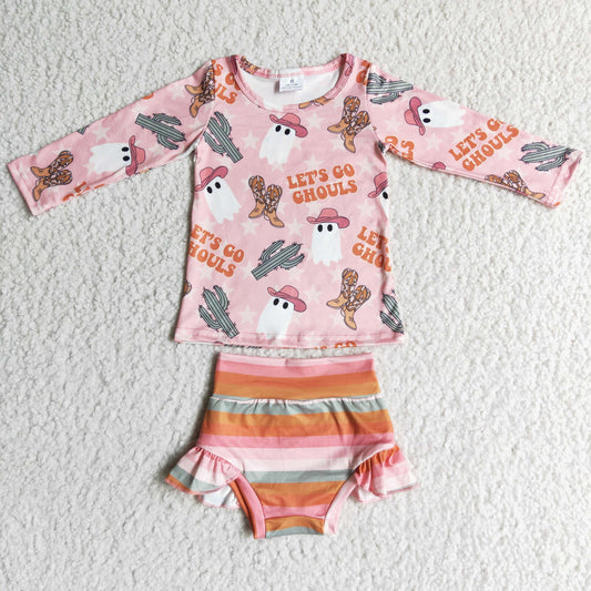 promotion 202409 GBO0053  RTS pink Halloween cactus boots long sleeve top girl clothes stripe bummies set