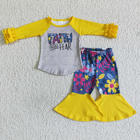 promotion  6A25-4 RTS yellow flower floral long sleeve bell bottom pants girl outfit 0730