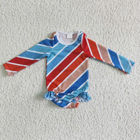 blue red orange stripe girl swim suit swimwear  0325