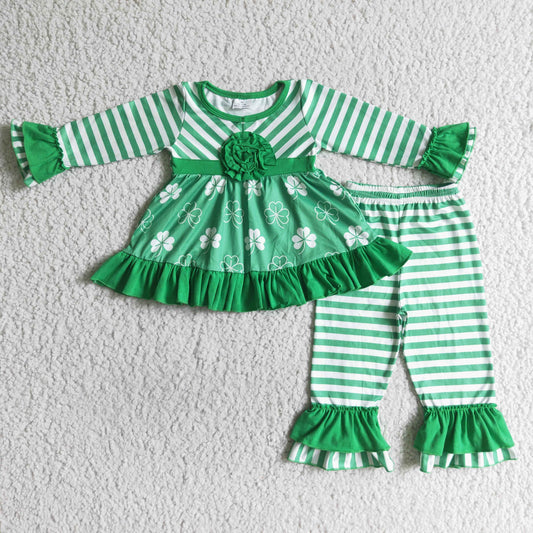 6 A17-11 St. Patrick lucky clover green stripe flower long sleeve bell bottom pant outfit 0716 RTS