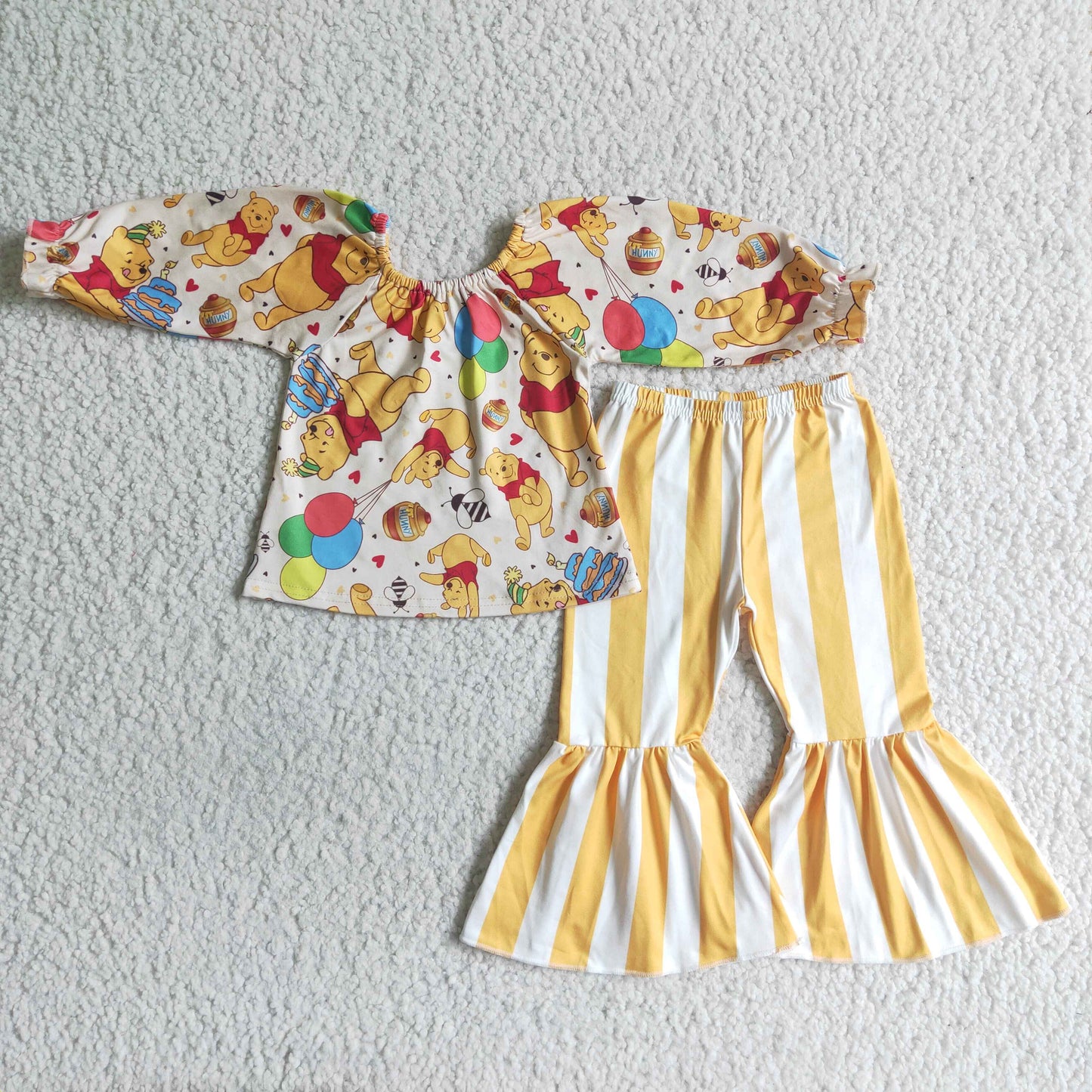 RTS 0714yellow cartoon bear off shoulder long sleeve stripe pants girl outfit