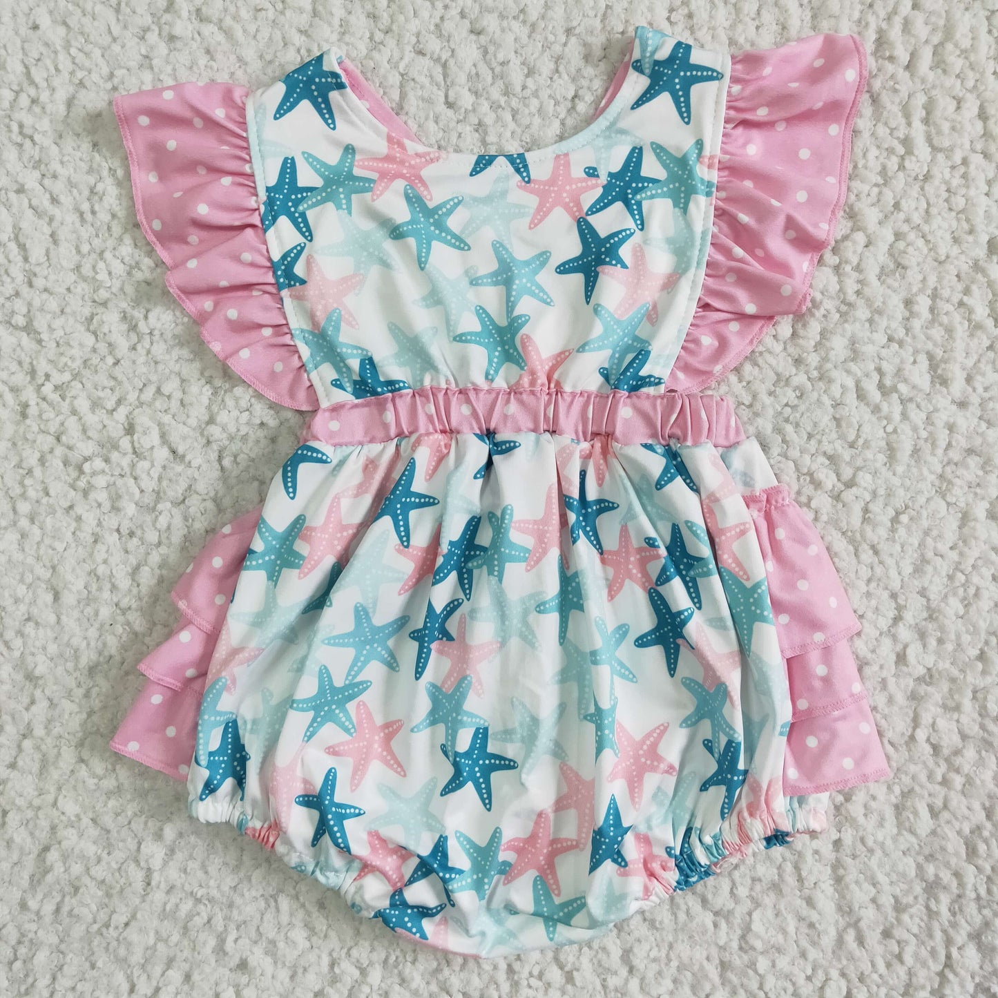 SR0022 RTS green pink starfish print puffy sleeves ruffle girl romper 20230720 rts