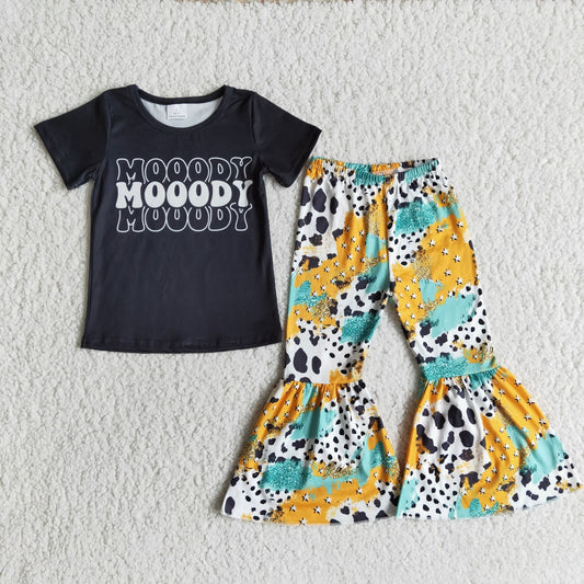 RTS 0601mooody letters cow print girl black short sleeve bell bottom outfit