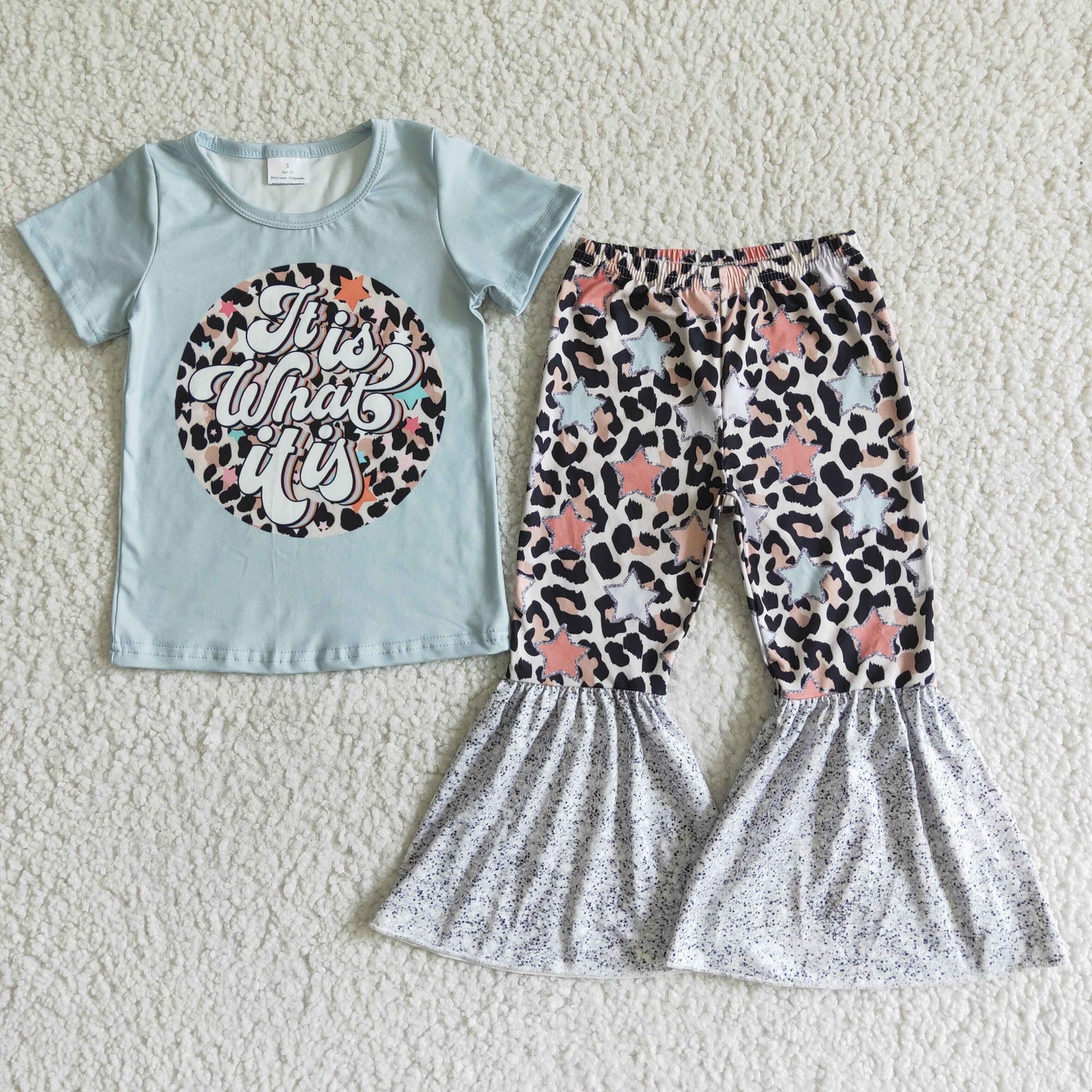 Promotion it is what it is letters stars leopard print girl short sleeve bell bottom outfit 0412