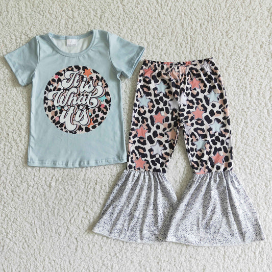 Promotion it is what it is letters stars leopard print girl short sleeve bell bottom outfit 0412