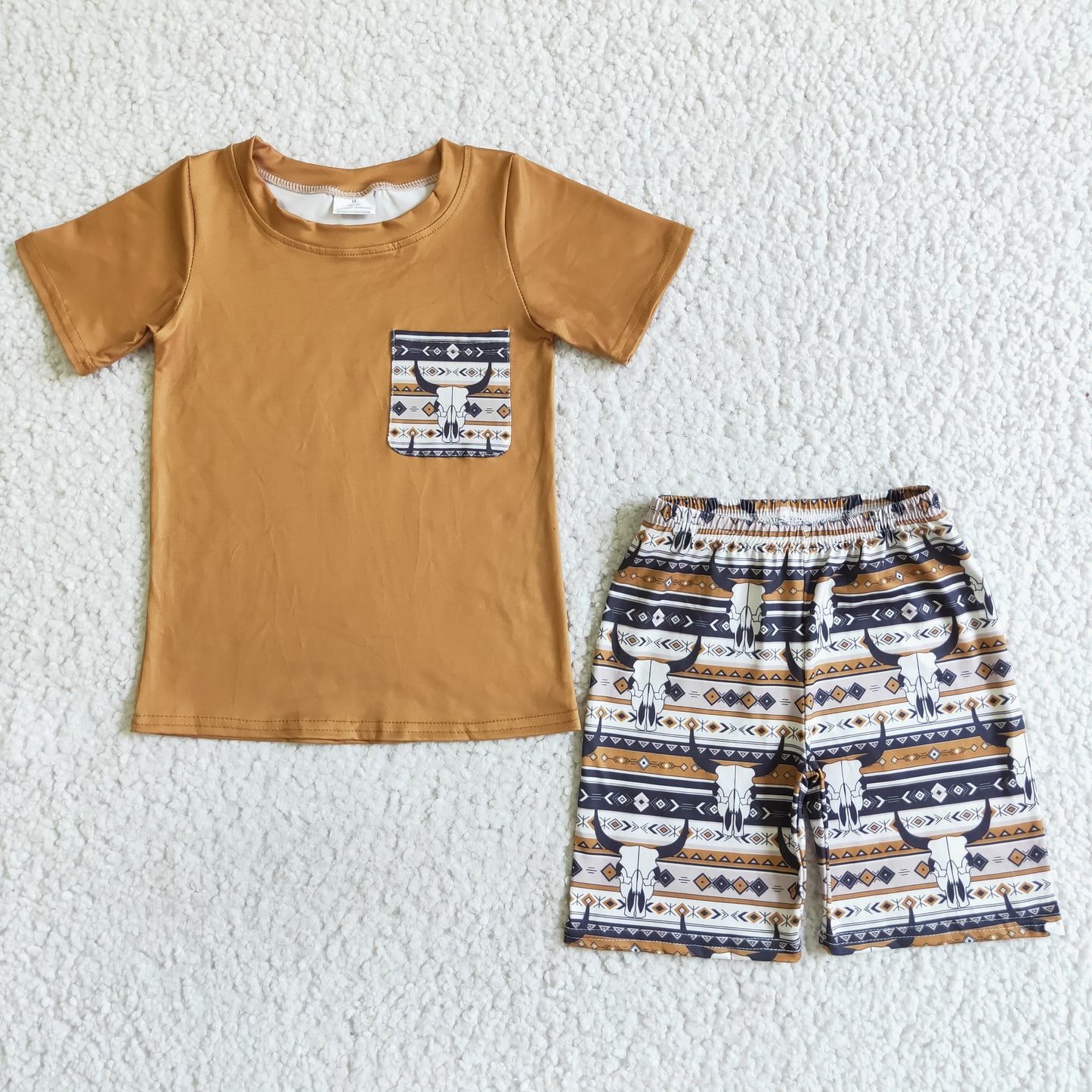 BSSO0073 RTS orange yellow brown cow geometric scheme short sleeve shorts boy outfits 0720