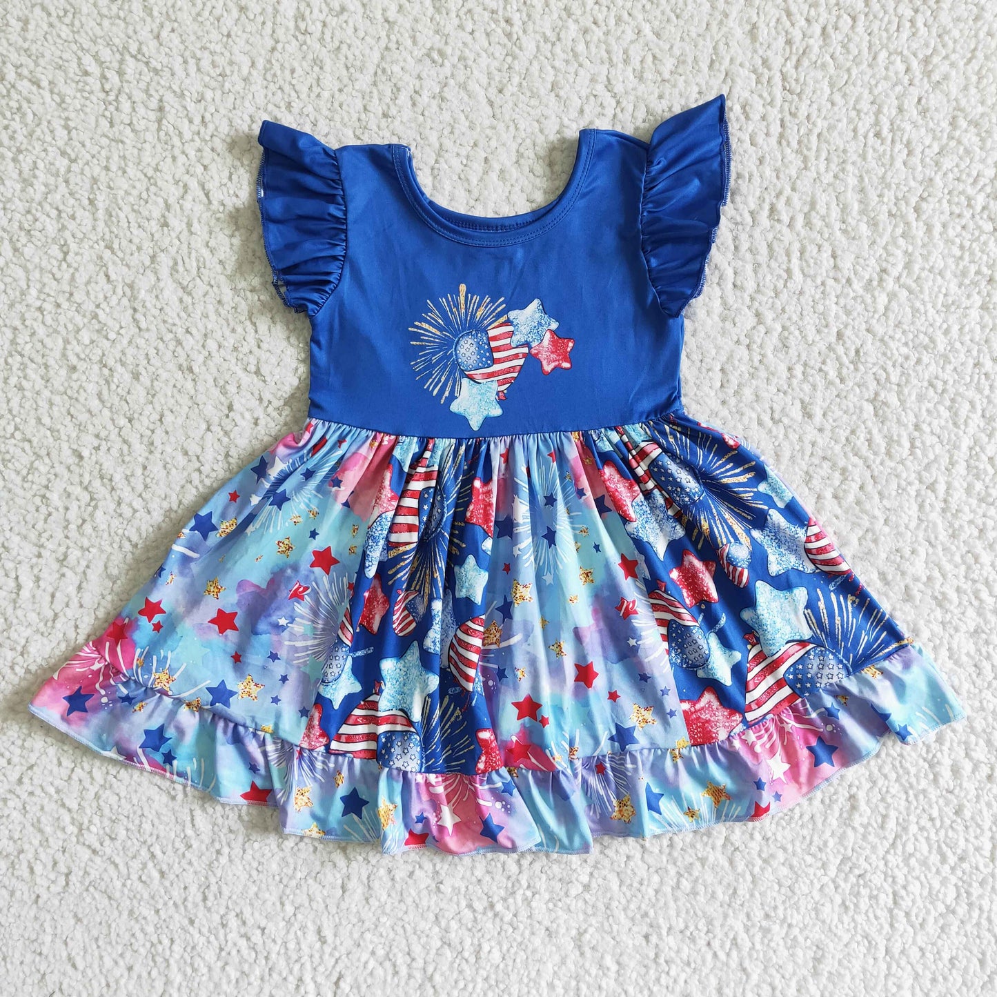 PROMOTION RTS  4th July American national Day firework blue red flag patch work dress real pic 0525