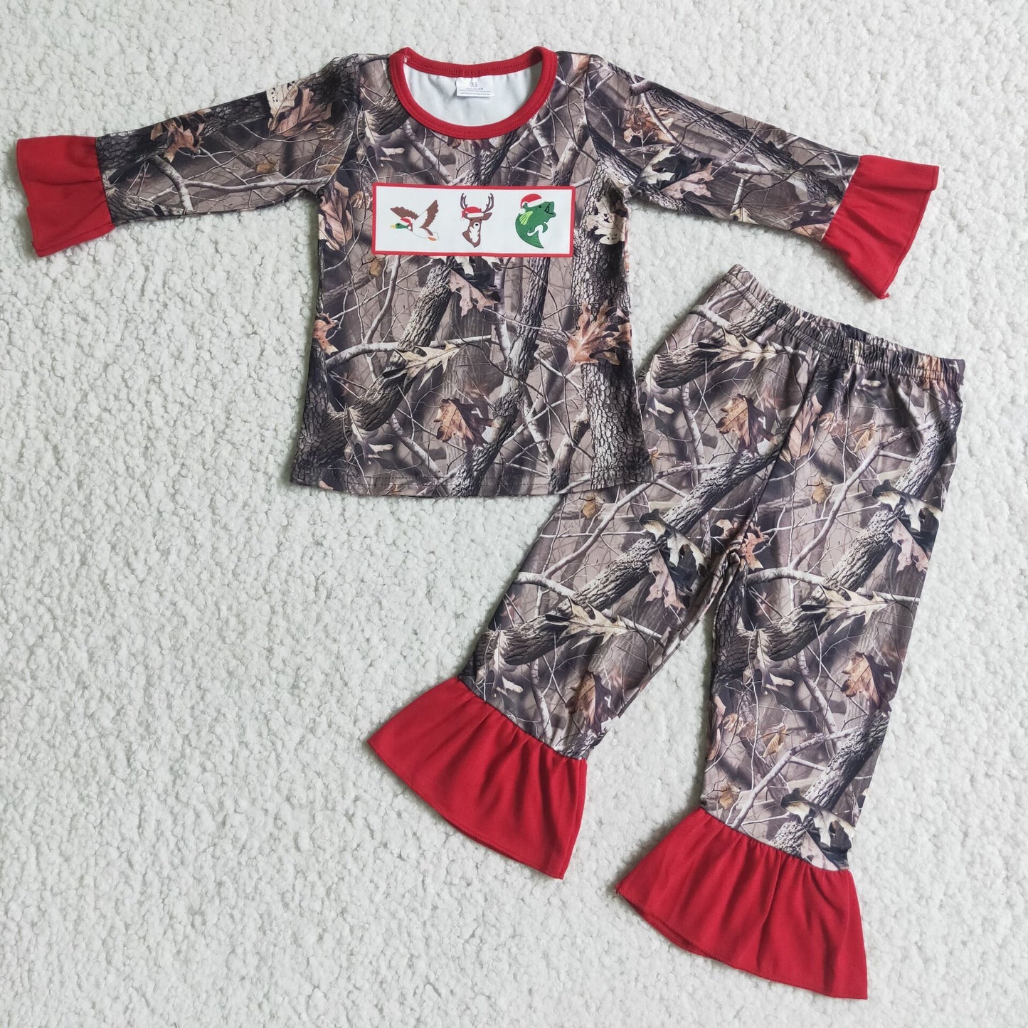 promotion 6 C9-4 Christmas embroidery duck girls tree branch camo bird deer fish lace long sleeve pajamas girl outfit 20230612 RTS