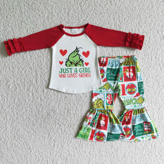 RTS 0730 long ruffle sleeve green grin Christmas bell bottom pants girl outfit