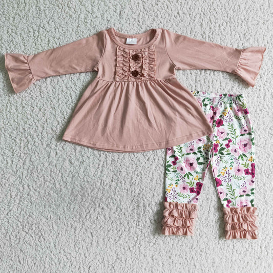 6 A4-13 girl pink floral leopard long sleeve bell bottom outfits RTS 0719