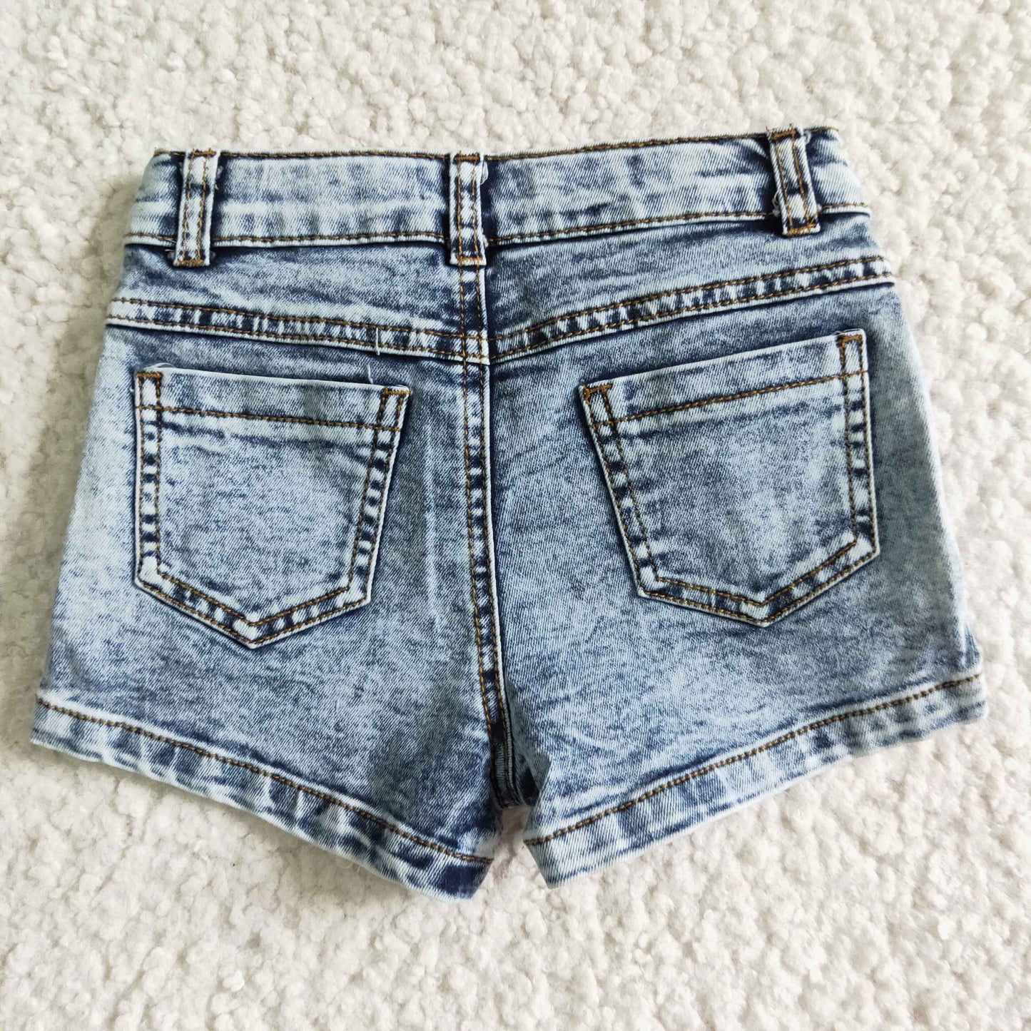 SS0011 RTS ruffle pockets girl button bleaching blue ripped denim shorts 20230417 RTS