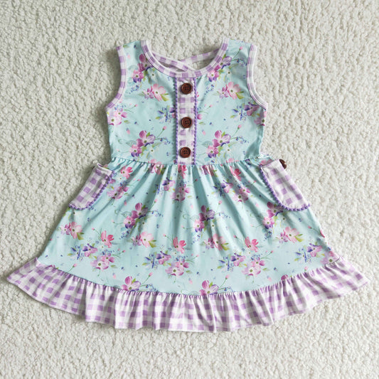 promotion Green dress pink flowers buttons purple plaid pockets ruffle sleeveless dress 0614 RTS