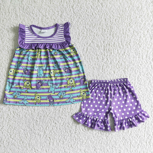 yellow lime big single eye print purple stripe girl short sleeve top white dots shorts outfits 0507