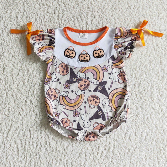 RTS halloween pumpkin short bow sleeve baby girl bubble romper 0924