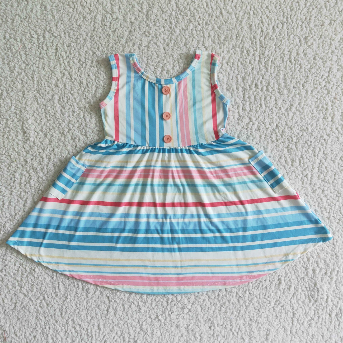 summer blue pink yellow colorful stripe print short sleeve dress 0412