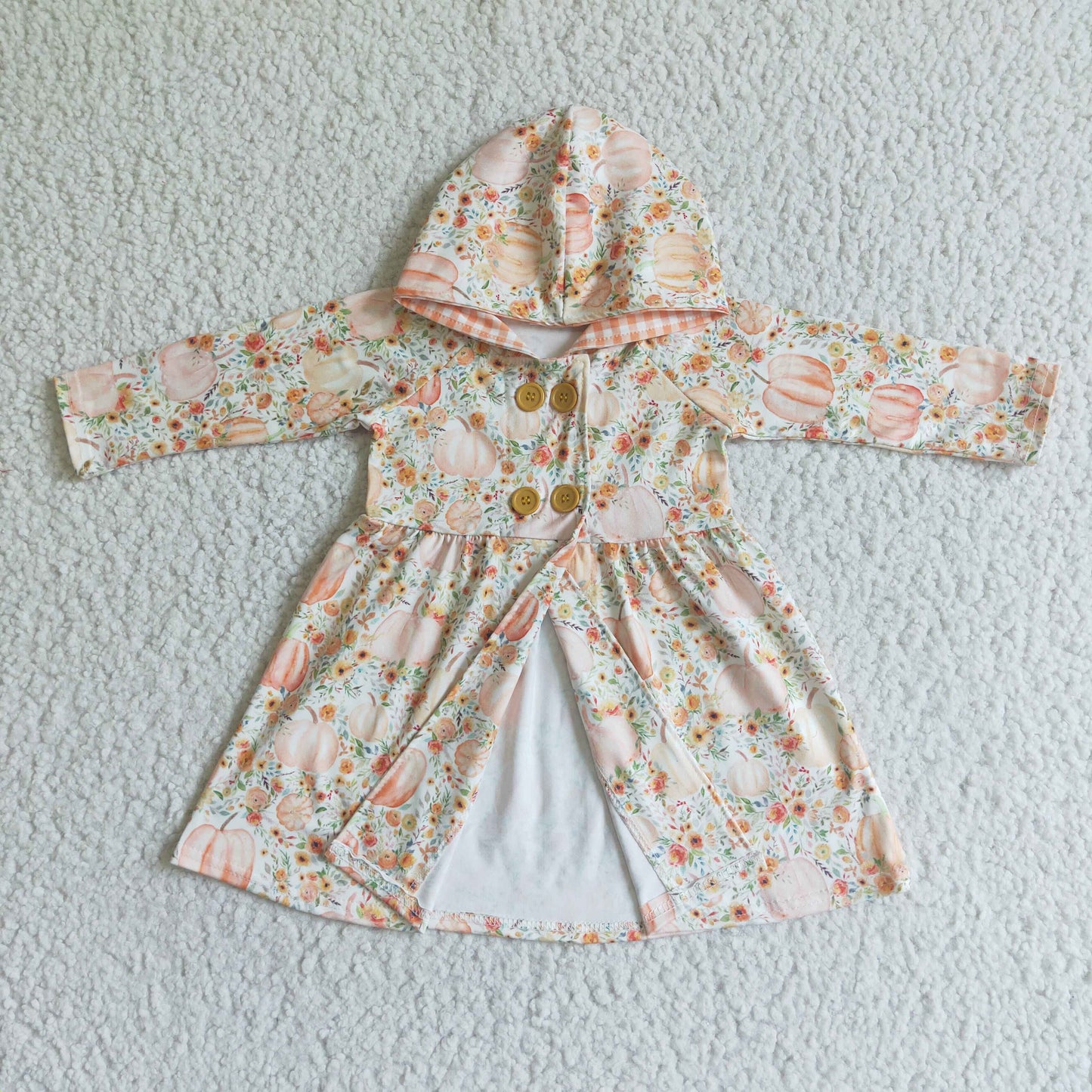 RTS 0708 plaid hoodie long sleeve halloween orange pumpkin button girl jacket coat